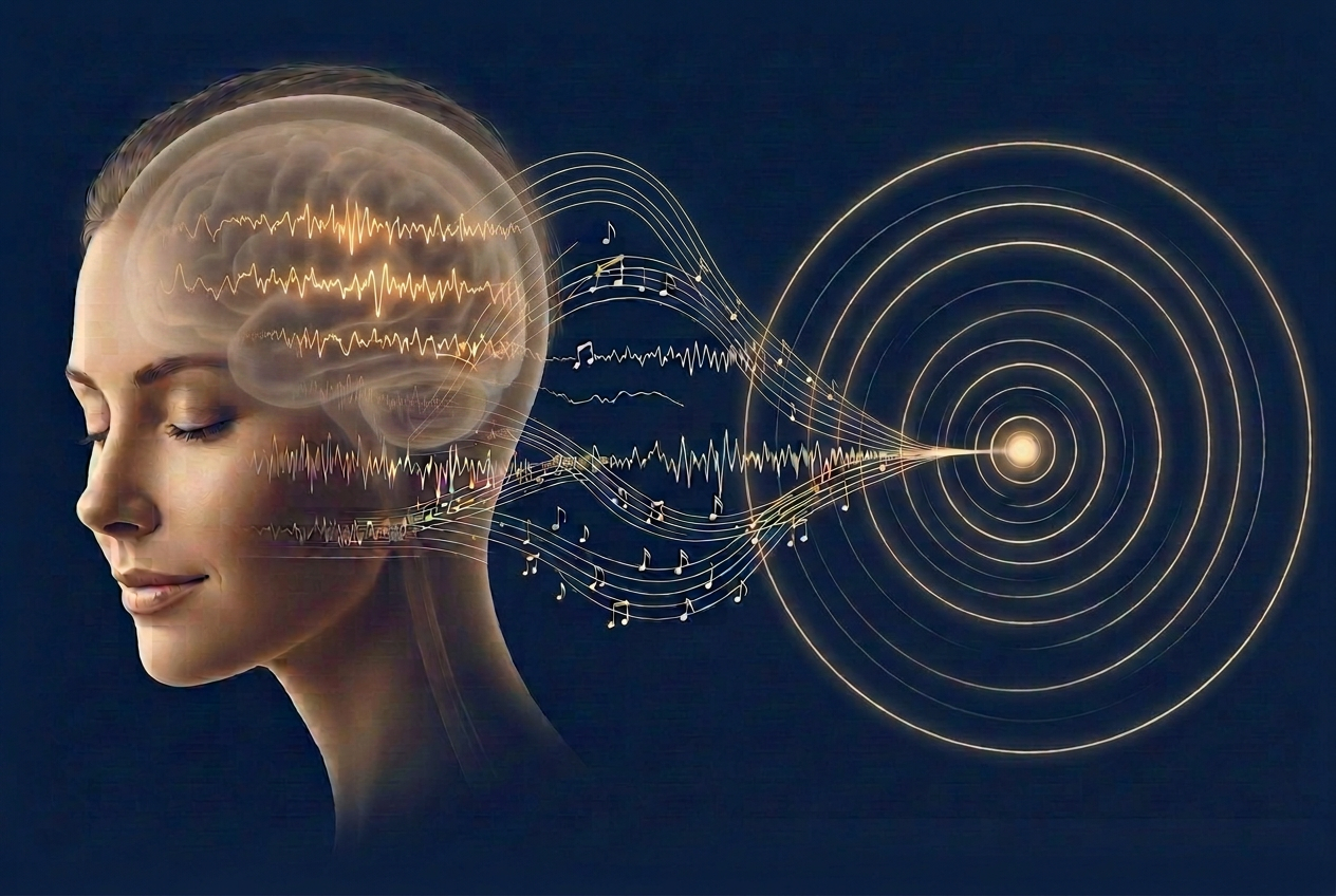 Brainwaves dissolving into harmonic music notation